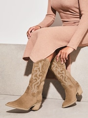 Lipsy Faux Suedette Camel Pull On Calf Pointed Western Cowboy Heel Boot - Image 4 of 5