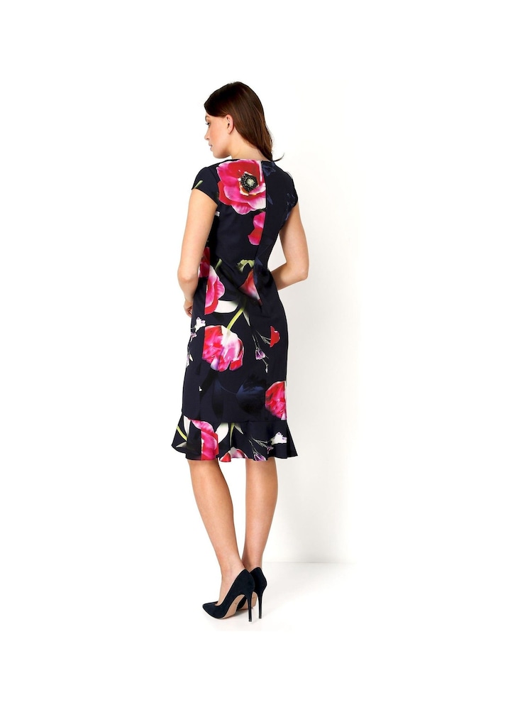 Roman Navy Floral Frill Hem Scuba Dress - Image 2 of 4 Roman Navy Floral Frill Hem Scuba Dress - Image 2 of 4