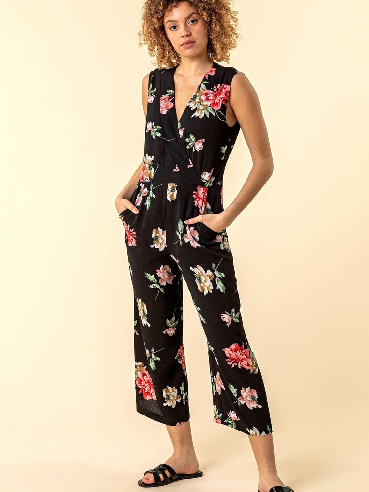 Roman Black Wrap Front Floral Print Jumpsuit - Image 1 of 4