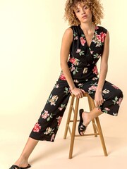 Roman Black Wrap Front Floral Print Jumpsuit - Image 4 of 4