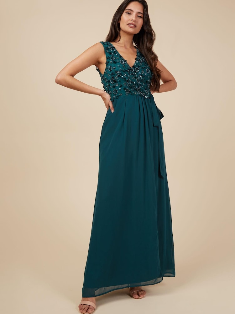 Little Mistress Emerald Green Tie Maxi Embellished Dress - Image 1 of 4