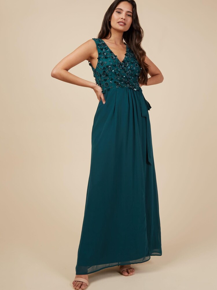 Little Mistress Emerald Green Tie Maxi Embellished Dress - Image 1 of 4 Little Mistress Emerald Green Tie Maxi Embellished Dress - Image 1 of 4