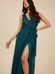 Little Mistress Emerald Green Tie Maxi Embellished Dress - Image 4 of 4