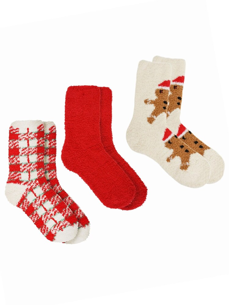 Loungeable Red 3 Pack Gingerbread And Tartan Print Socks - Image 2 of 2
