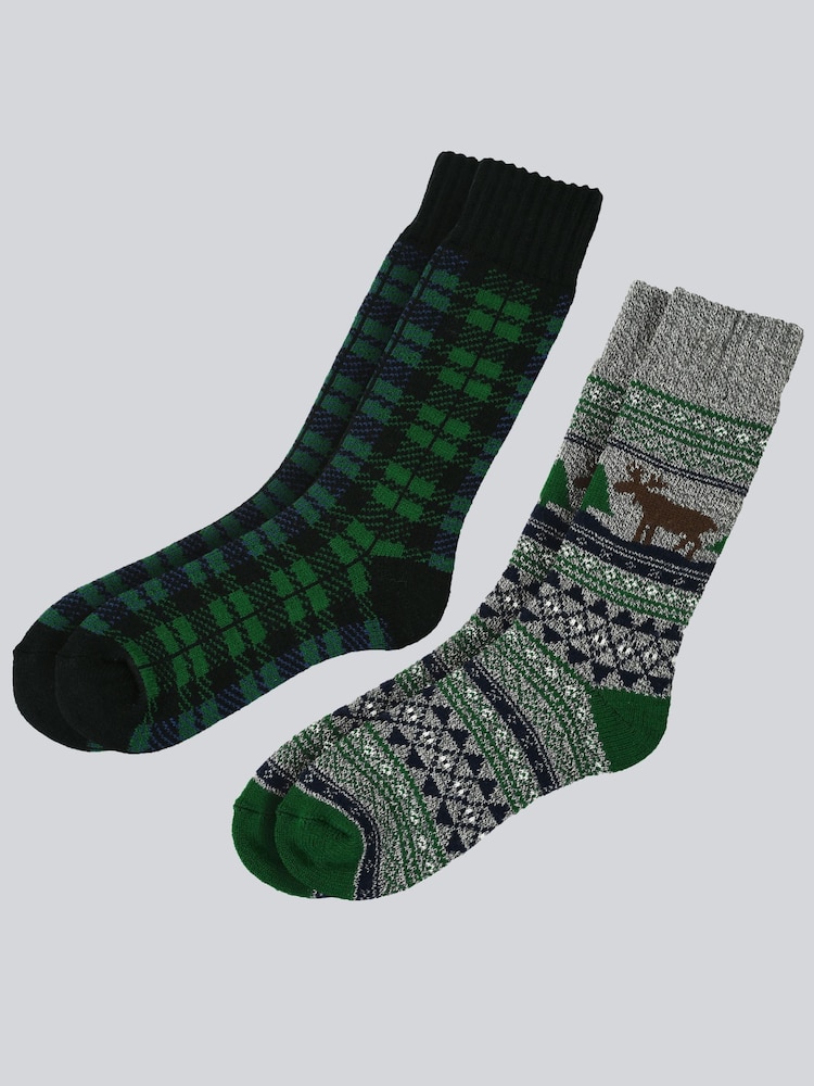 Loungeable Grey Men's 2 Pack Fairisle & Checked Socks - Image 1 of 4
