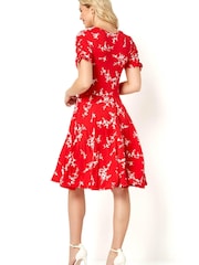 Roman Red Floral V Neck Tea Dress - Image 3 of 4