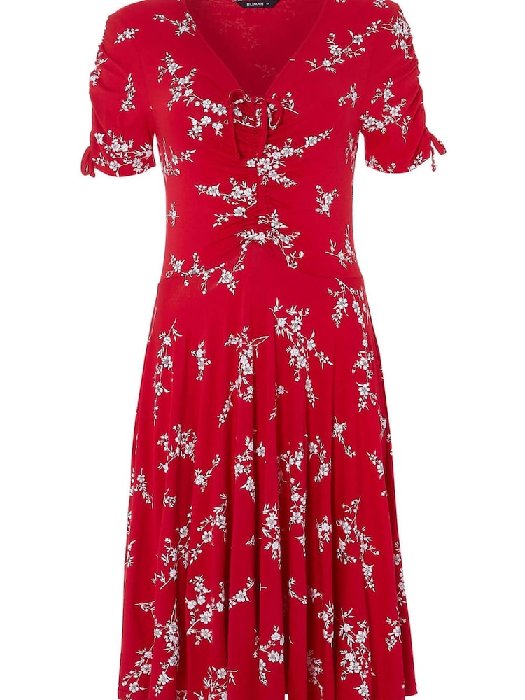 Roman Red Floral V Neck Tea Dress - Image 4 of 4 Roman Red Floral V Neck Tea Dress - Image 4 of 4