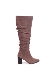 Linzi Brown Faux Suede Ruched Style Knee High Boot With Leather Stacked Heel - Image 2 of 4