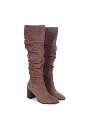 Linzi Brown Faux Suede Ruched Style Knee High Boot With Leather Stacked Heel - Image 3 of 4