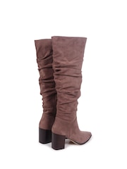 Linzi Brown Faux Suede Ruched Style Knee High Boot With Leather Stacked Heel - Image 4 of 4