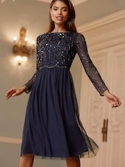 Lipsy Navy Natalie Embellished Sleeved Bridesmaid Midi Dress - Image 1 of 4