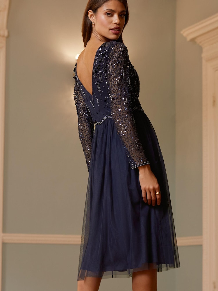 Lipsy Navy Natalie Embellished Sleeved Bridesmaid Midi Dress - Image 2 of 4