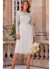 Lipsy Silver Natalie Embellished Sleeved Bridesmaid Midi Dress - Image 1 of 4