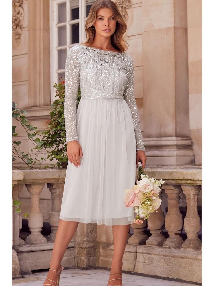 Lipsy Silver Natalie Embellished Sleeved Bridesmaid Midi Dress - Image 1 of 4