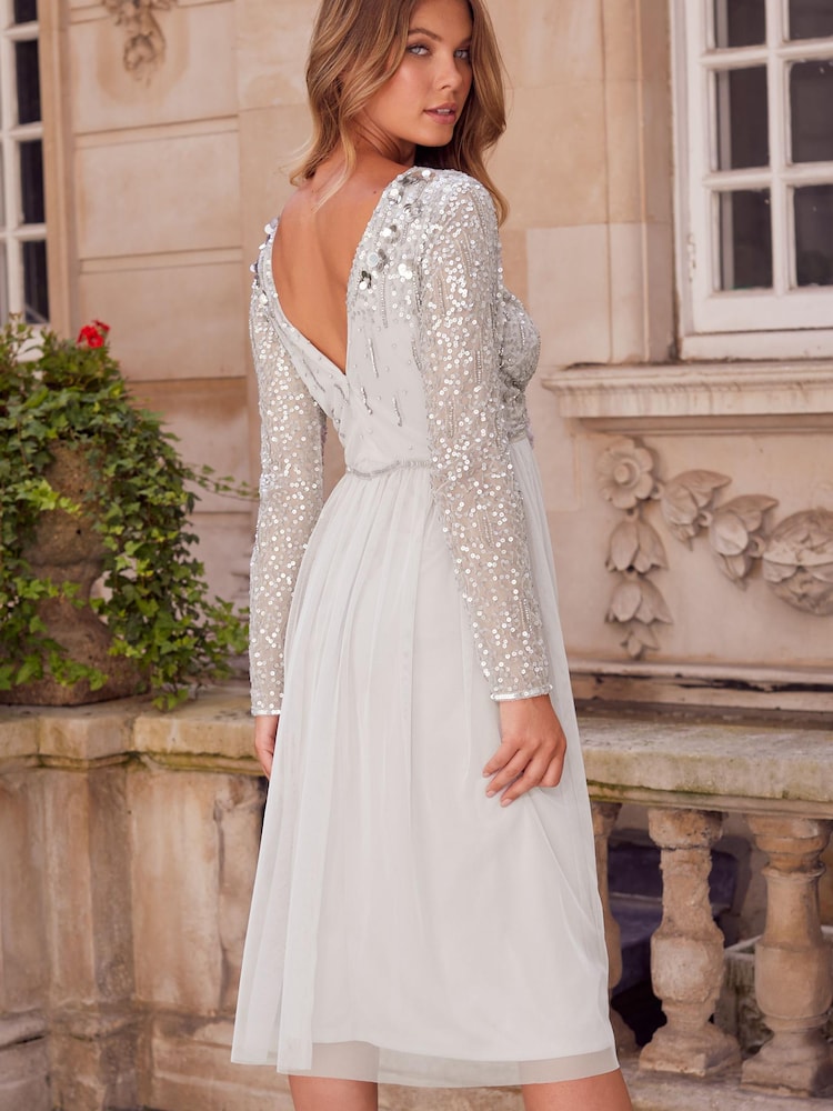 Lipsy Silver Natalie Embellished Sleeved Bridesmaid Midi Dress - Image 2 of 4