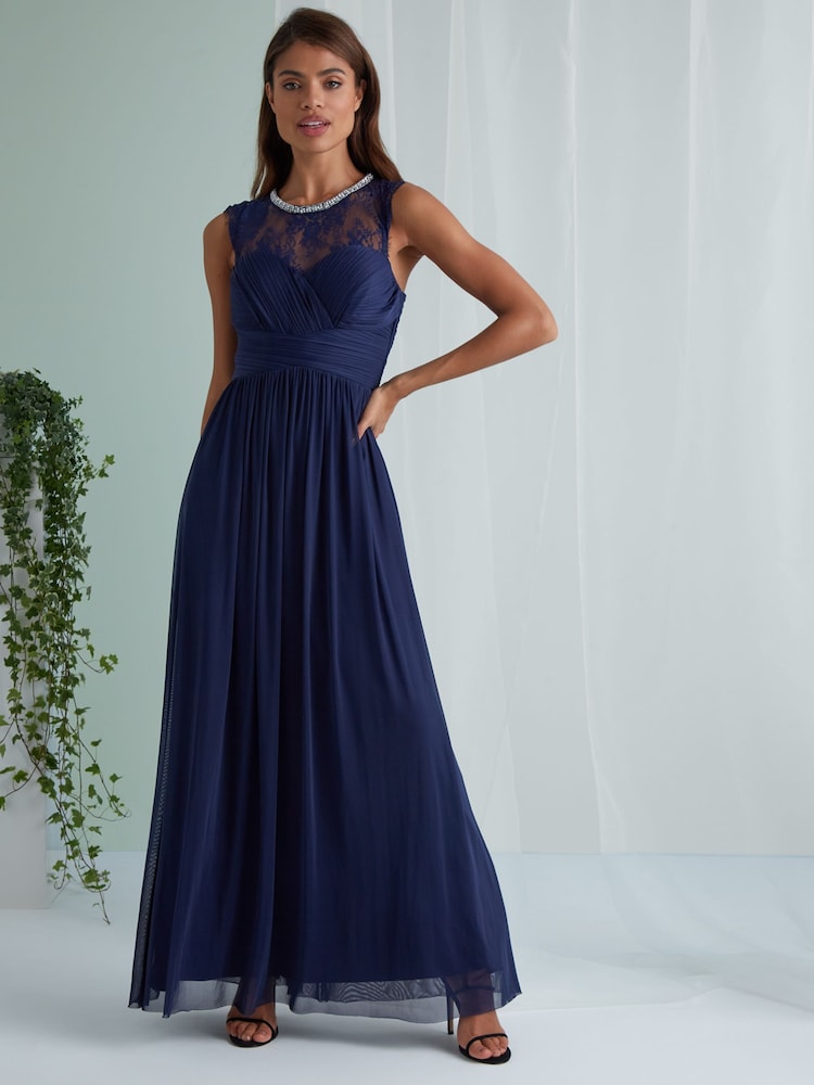 Lipsy Navy Elsa Lace Trim Bridesmaid Dress - Image 1 of 4