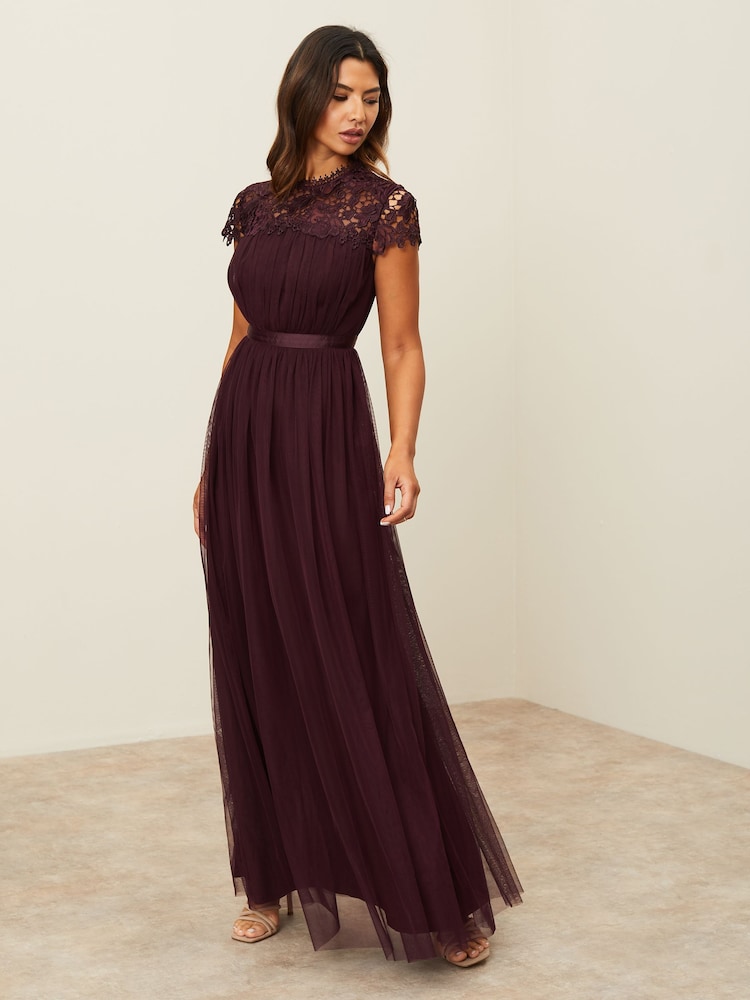Lipsy Red Lace Top Tulle Bridesmaid Maxi Dress - Image 1 of 4