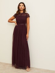 Lipsy Red Lace Top Tulle Bridesmaid Maxi Dress - Image 4 of 4