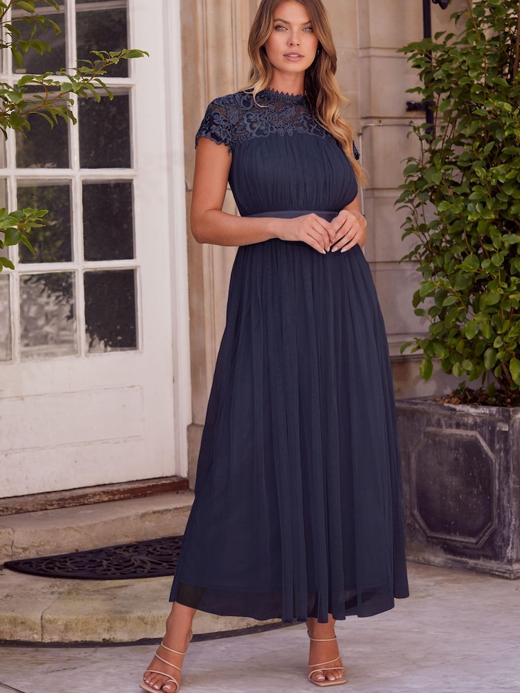Lipsy Navy Lace Top Tulle Bridesmaid Midi Dress - Image 1 of 4 Lipsy Navy Lace Top Tulle Bridesmaid Midi Dress - Image 1 of 4