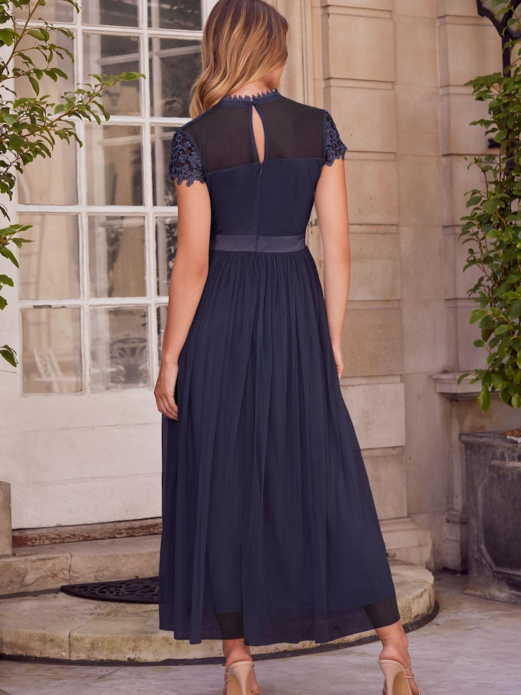 Lipsy Navy Lace Top Tulle Bridesmaid Midi Dress - Image 2 of 4