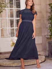 Lipsy Navy Lace Top Tulle Bridesmaid Midi Dress - Image 3 of 4