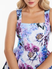 Quiz Blue & Purple Floral Frill Strappy Skater Dress - Image 4 of 4