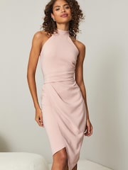 Lipsy Nude Halter Neck Asymmetric Bodycon Dress - Image 1 of 4