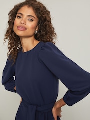 Lipsy Navy Long Sleeve Round Neck Tie Waist Shift Dress - Image 3 of 4