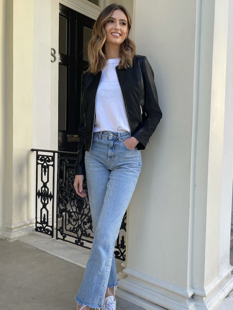 Lipsy Black Petite Faux Leather Collarless Jacket - Image 2 of 3 Lipsy Black Petite Faux Leather Collarless Jacket - Image 2 of 3