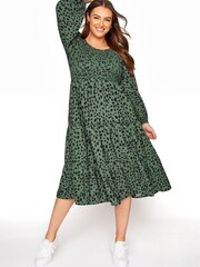 Yours Curve Green Balloon Sleeve Shirred Dalmatian Dress - Image 1 of 1
