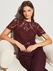 Lipsy Purple Lace Short Sleeve Top - Image 1 of 4