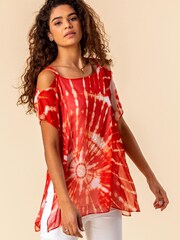 Roman Red Cold Shoulder Tie Dye Print Top - Image 1 of 4