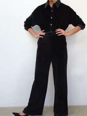 Religion Black Soft Wide Leg Velvet Trousers With Embroidered Logo - Image 1 of 5