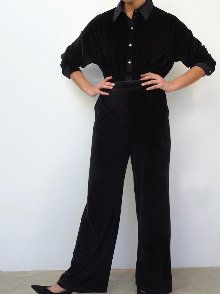 Religion Black Soft Wide Leg Velvet Trousers With Embroidered Logo - Image 1 of 5