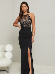 Lipsy Black Applique Halter Maxi Dress - Image 1 of 4