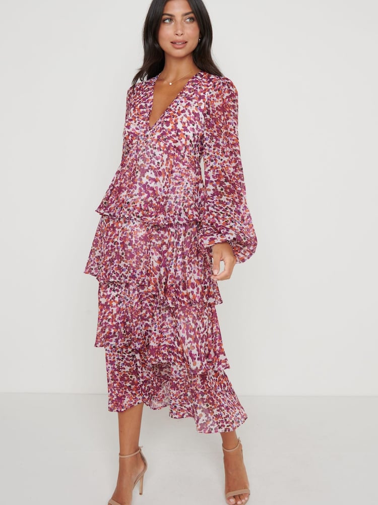 Pretty Lavish Pink Ashton Ruffle Midi Dress - Image 1 of 4 Pretty Lavish Pink Ashton Ruffle Midi Dress - Image 1 of 4