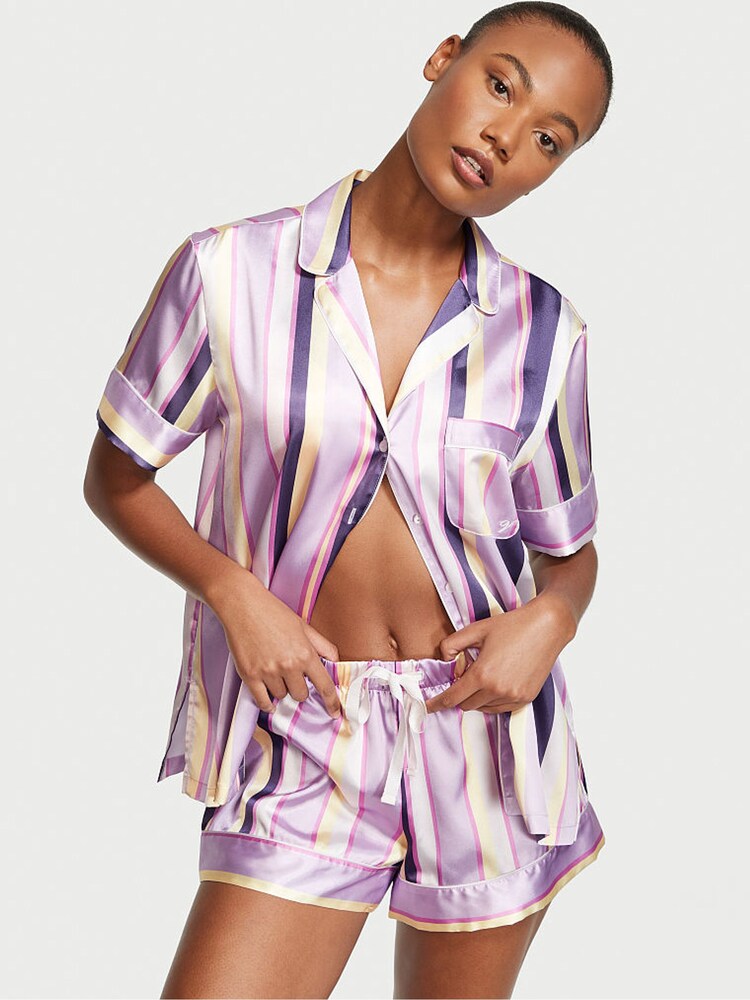 Victoria's Secret Sachet Happy Stripe Purple Satin Short Pyjamas - Image 1 of 3