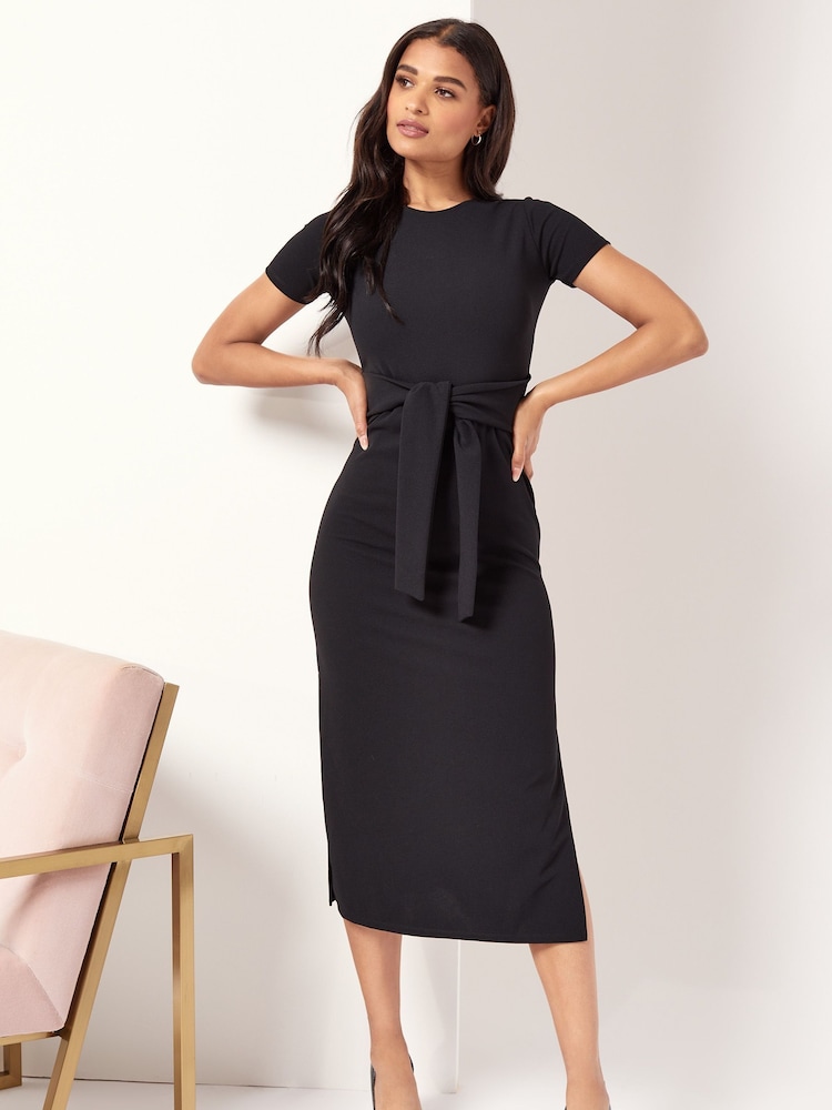 Lipsy Black Short Sleeve Belted Bodycon Midi Dress - Image 1 of 4