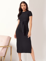 Lipsy Black Short Sleeve Belted Bodycon Midi Dress - Image 3 of 4
