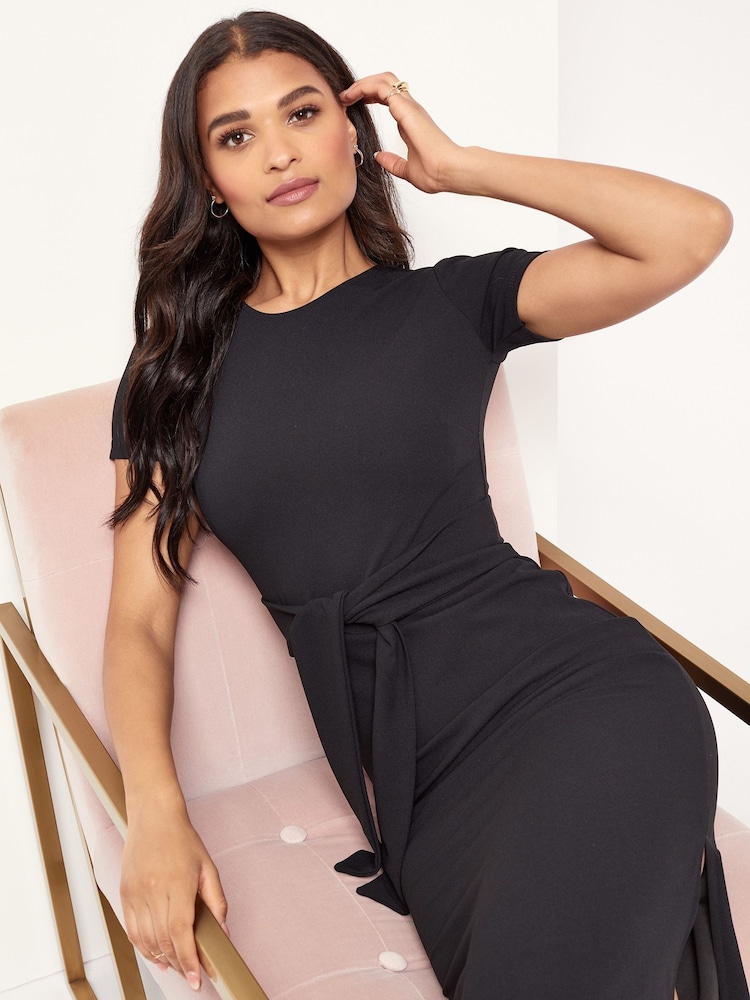 Lipsy Black Short Sleeve Belted Bodycon Midi Dress - Image 4 of 4