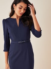 Friends Like These Navy Blue Short Sleeve Belted V Neck Tailored Midi Dress - Image 4 of 4