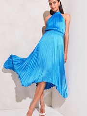Lipsy Blue Halter Pleated High Neck Midi Dress - Image 1 of 4