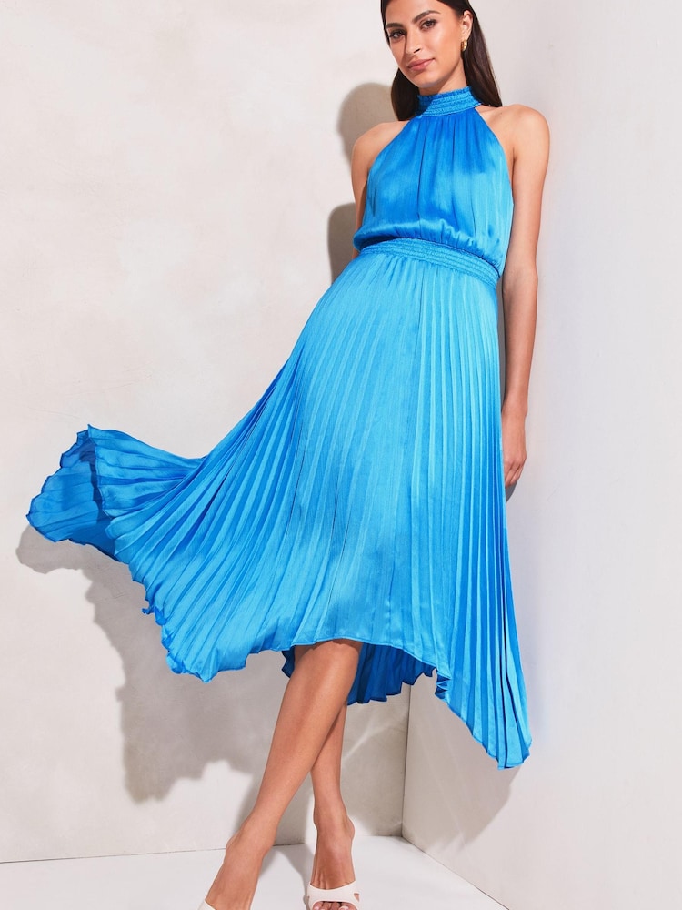 Lipsy Blue Halter Pleated High Neck Midi Dress - Image 1 of 4