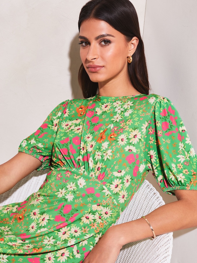 Lipsy Green Floral Jersey Underbust PUff Sleeve Summer Mini Dress - Image 4 of 4 Lipsy Green Floral Jersey Underbust PUff Sleeve Summer Mini Dress - Image 4 of 4