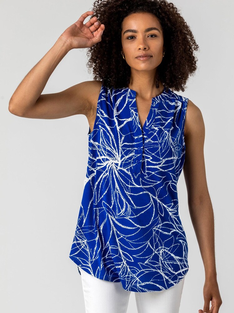 Roman Blue Leaf Puff Print Button Blouse - Image 1 of 4