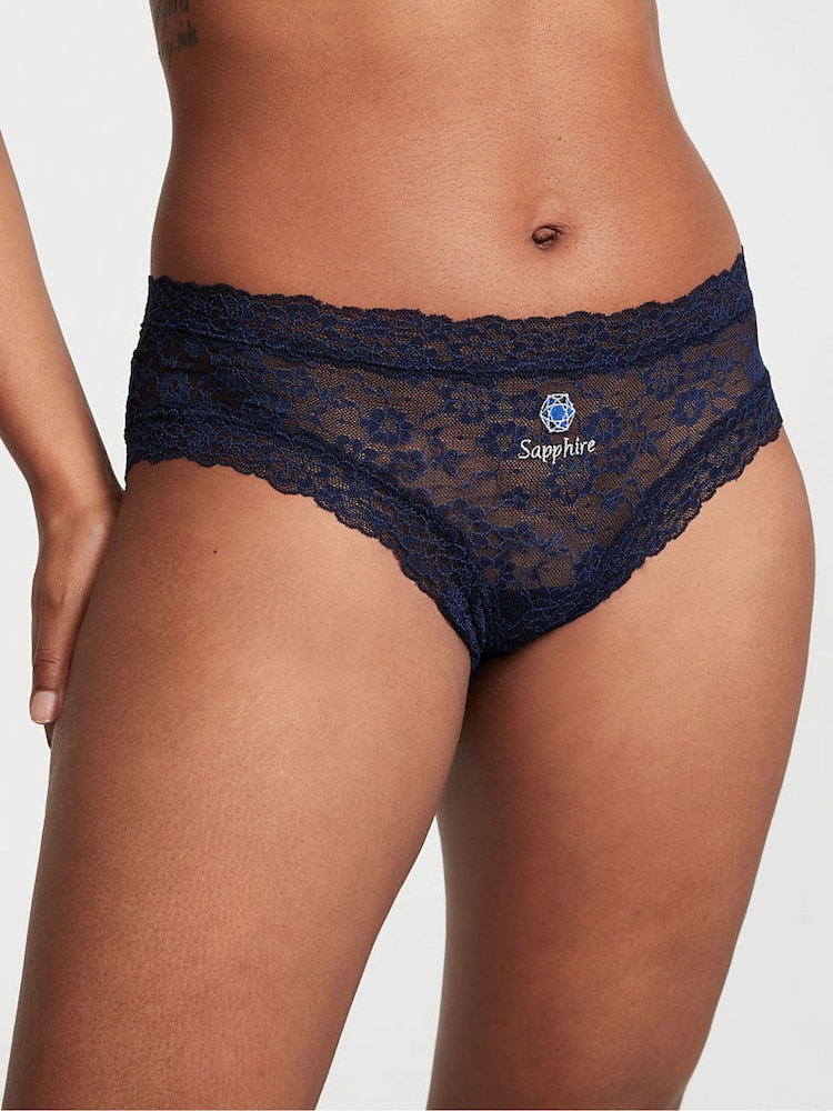 Victoria's Secret Noir Navy Blue Birthstone Embroidery Cheeky Lace Knickers - Image 1 of 3