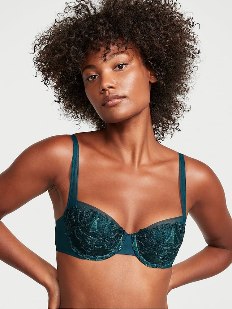 Victoria's Secret Black Ivy Green Satin Fishnet Floral Balcony Bra - Image 1 of 1