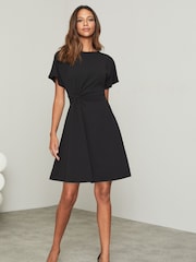 Lipsy Black Twist Side Shorts Sleeve Mini Skater Dress - Image 1 of 4