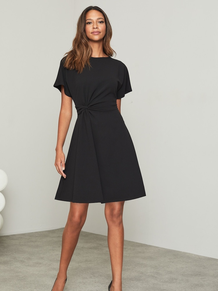 Lipsy Black Twist Side Shorts Sleeve Mini Skater Dress - Image 1 of 4