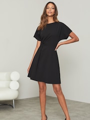 Lipsy Black Twist Side Shorts Sleeve Mini Skater Dress - Image 3 of 4